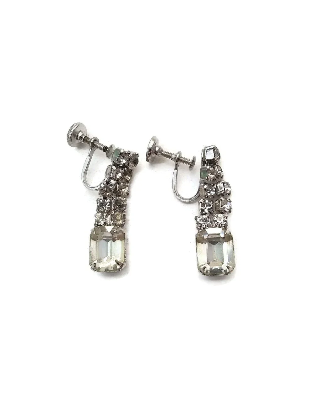 Vintage Silver Tone and Clear Rhinestones Dangle Screw Back Earrings.